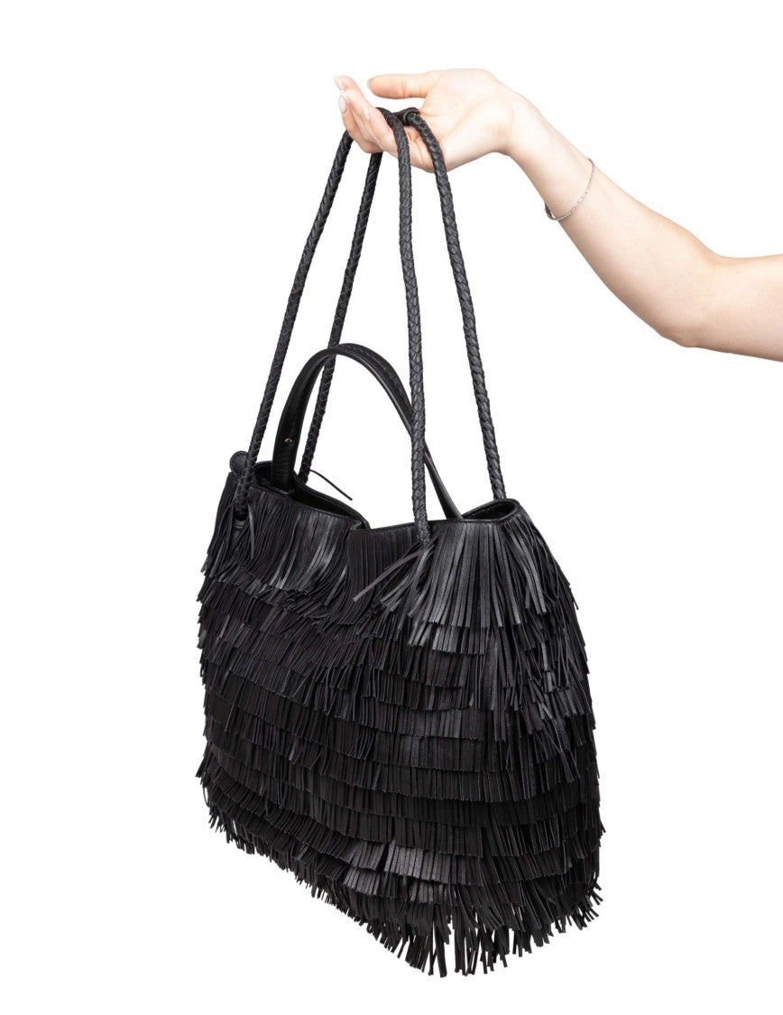 Visona Diletta Leather Shopping Bag With Fringes