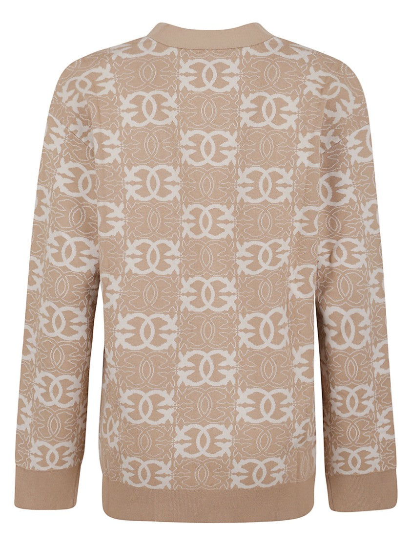 Pinko Beige Geometric Pattern Cardigan With V-Neckline