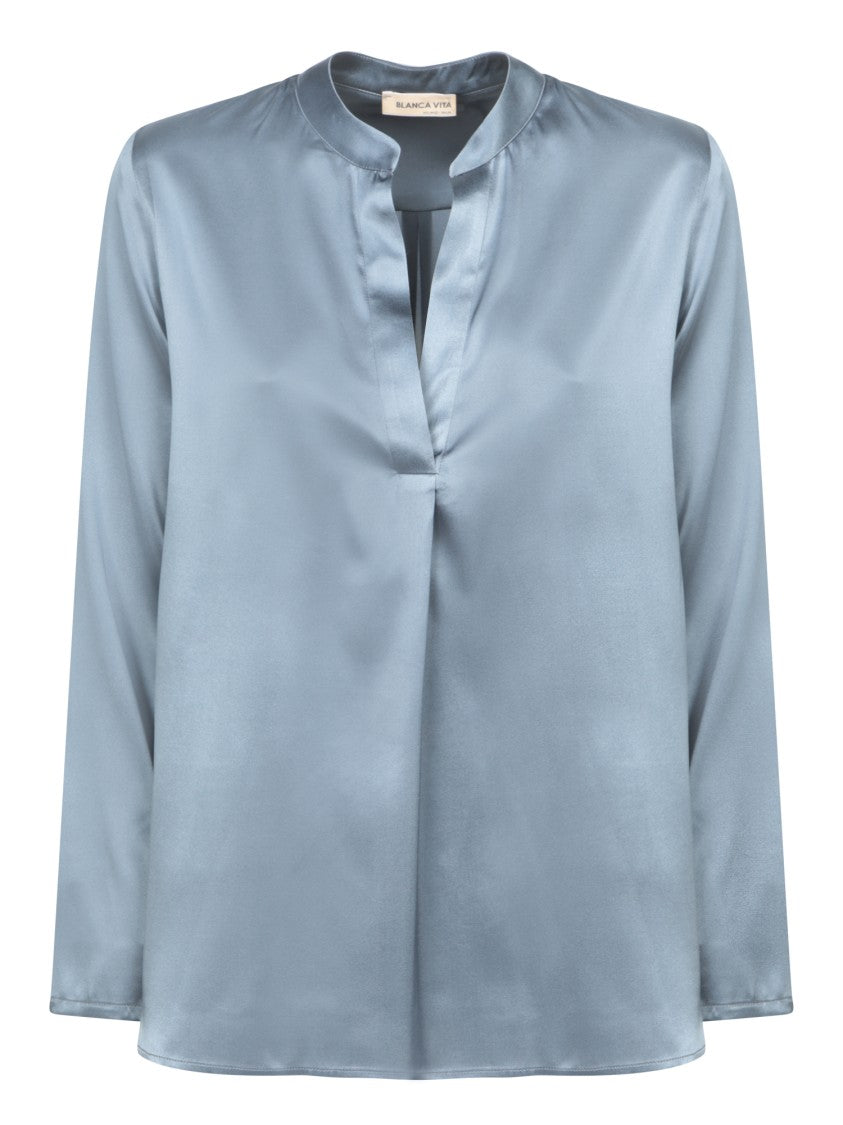 Blanca Vita Long-Sleeve Silk Shirt With Pleat Detail