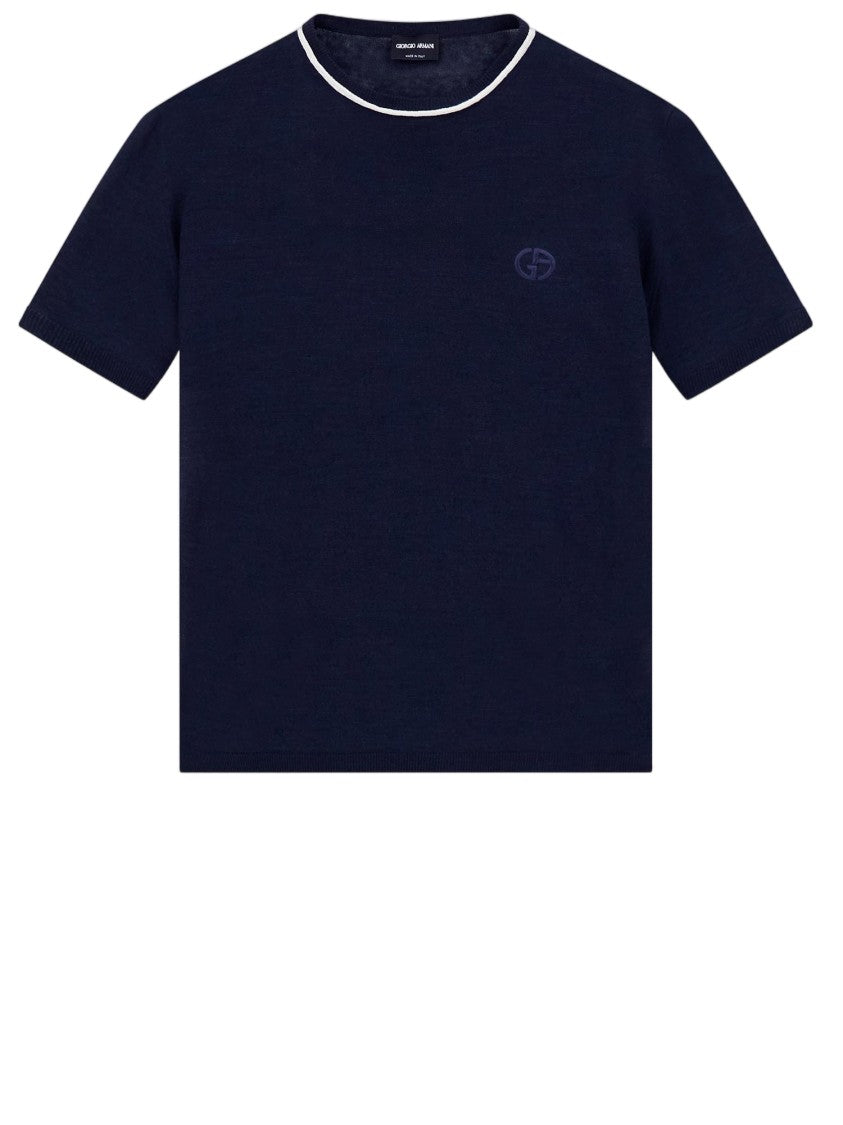 Giorgio Armani Navy Ga Logo Linen-Silk Blend Top