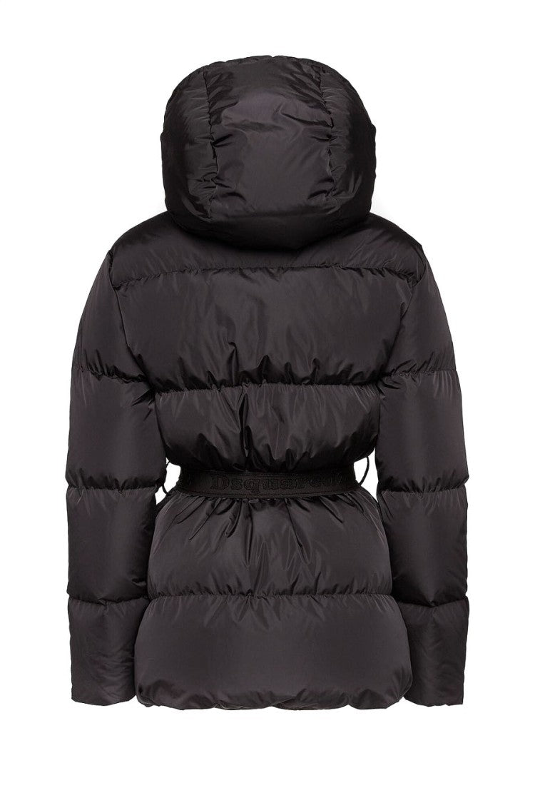 Dsquared2 Black Quilted Hooded Belted Down Coat