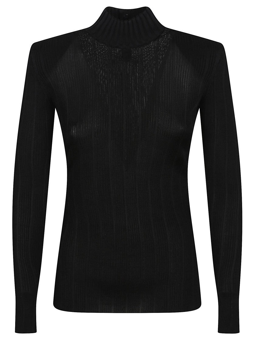 Elisabetta Franchi Ribbed Black Turtleneck With Gold Button Accents