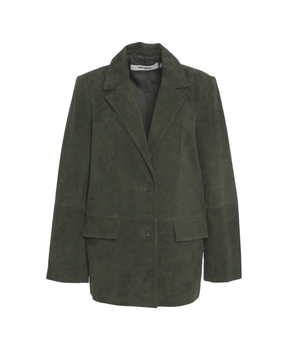 Oval Square Green Suede Leather Tailored Blazer