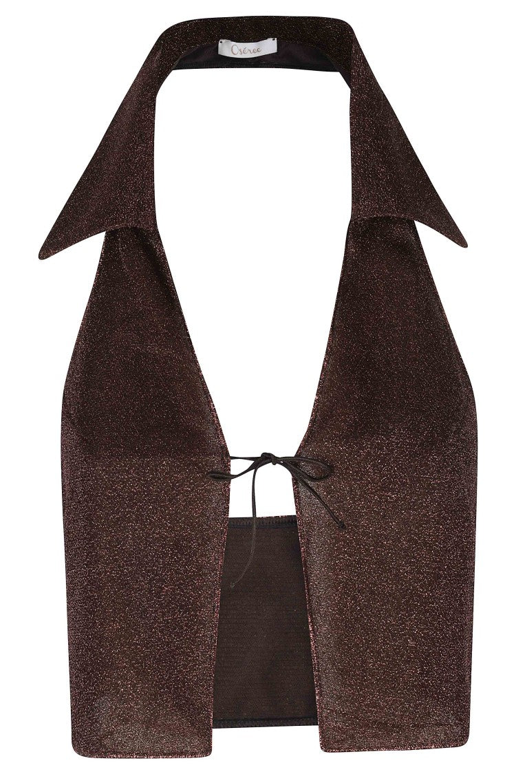Oséree Chocolate Lumiere Polo V-Neck Lurex Polyamide Top