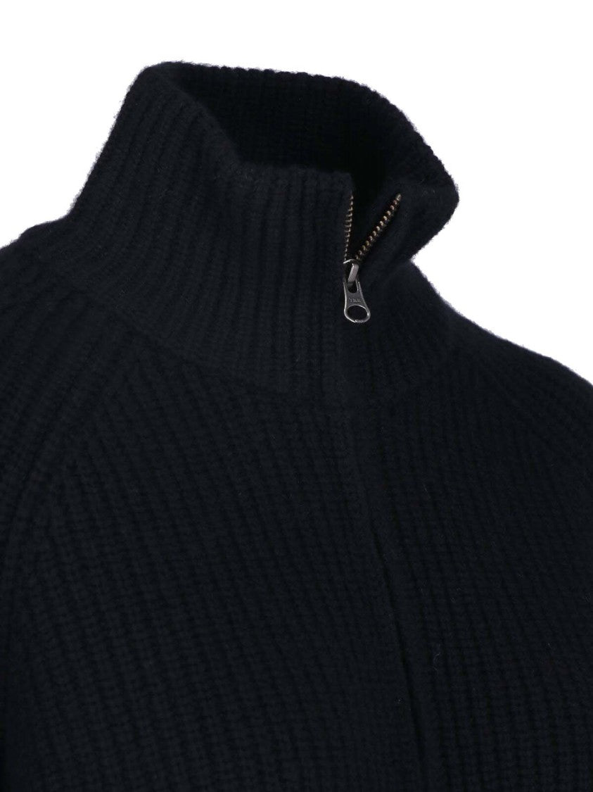 Lisa Yang Cropped Ribbed Zip High Collar Knit Sweater
