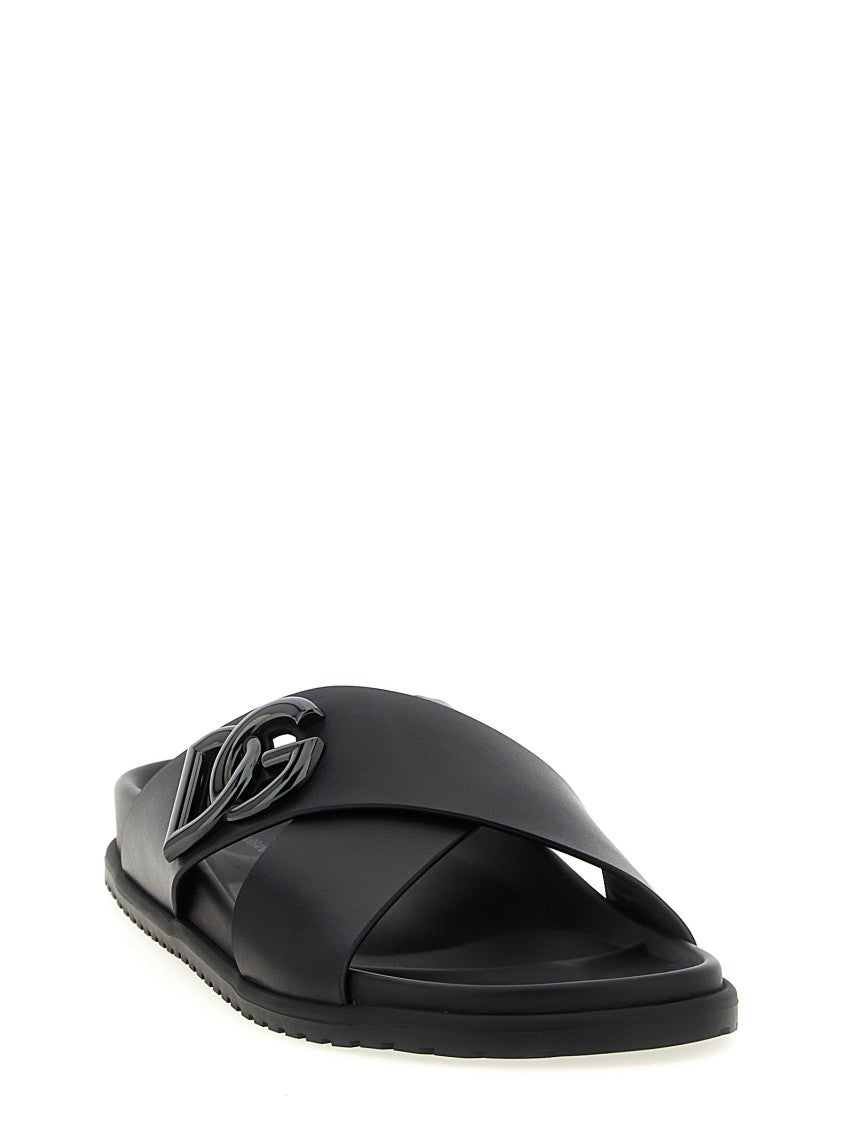 Dolce & Gabbana Calfskin Leather Slides With Cut-Out Metal Logo
