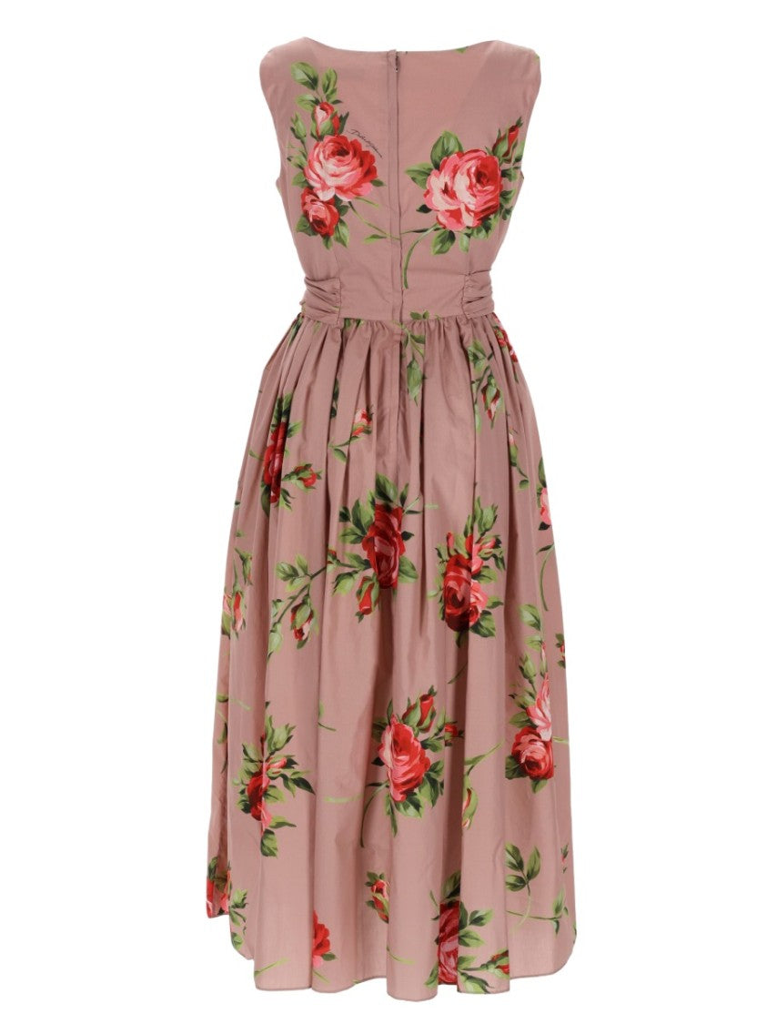 Dolce & Gabbana Rose Bouquet Cotton Belted Midi Dress