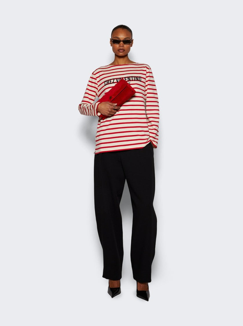 Valentino Striped Cotton Jersey Long Sleeve T-Shirt Ivory And Red