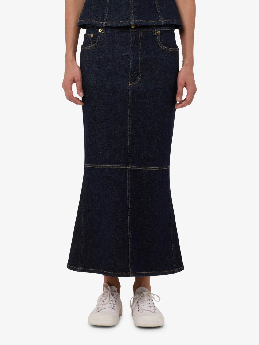 Moschino Blue Fitted Denim Midi Skirt With Hearts