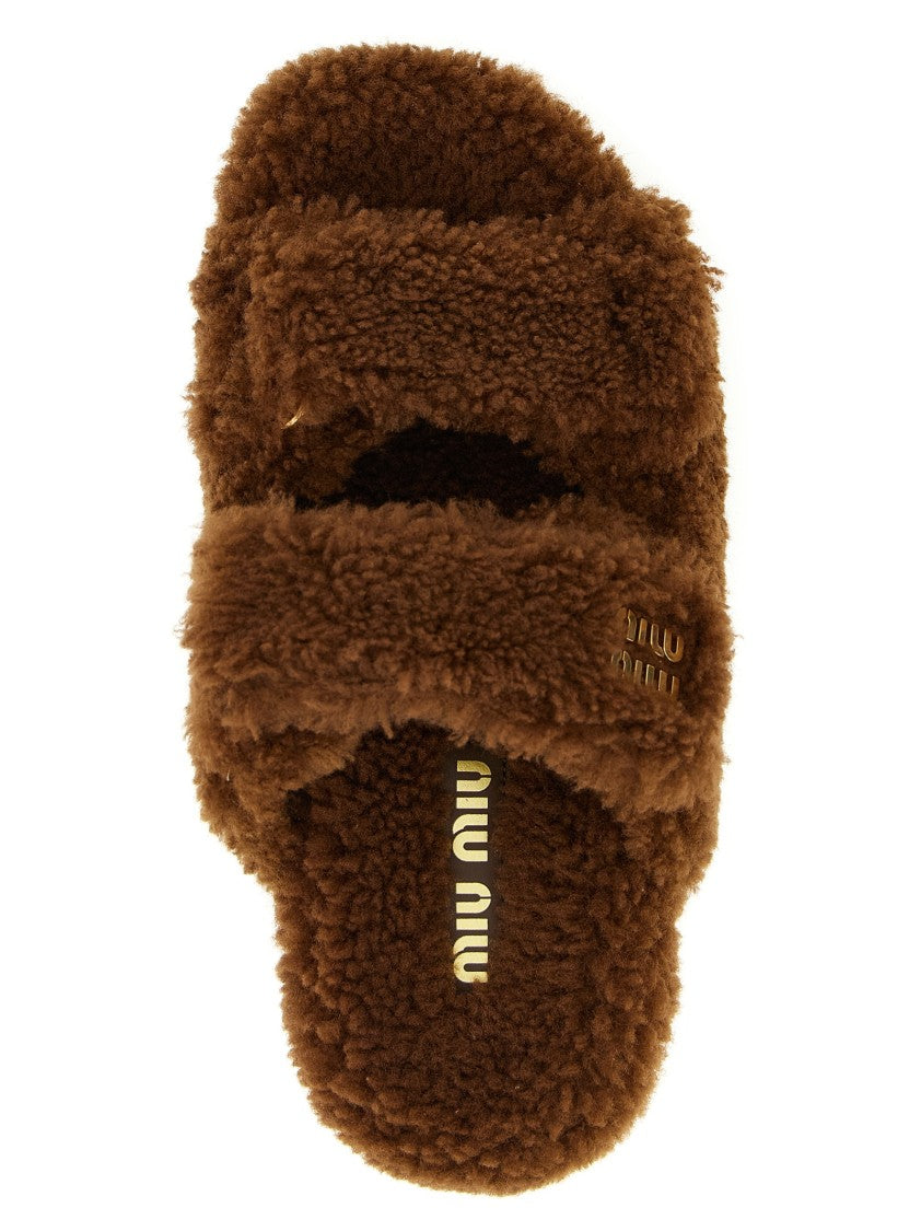 Miu Miu Brown Shearling Sandals With Adjustable Velcro Straps And Logo Appliqué