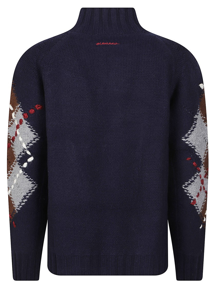 Ermanno Firenze Rich Blue Argyle Pattern Wool Turtleneck Sweater