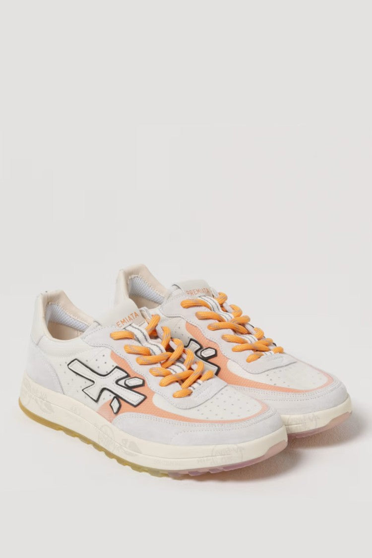 Premiata White Coral-Orange Lace Accents Logo Patch Low-Top Sneakers