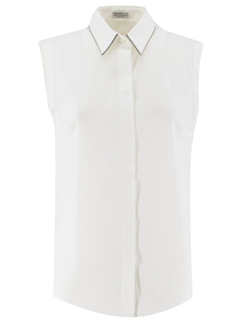 Brunello Cucinelli Sleeveless Cotton Poplin Shirt With Refined Collar