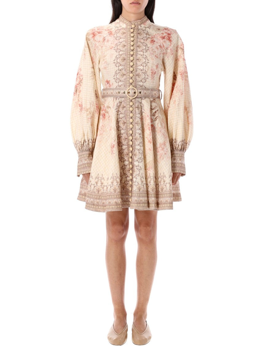 Zimmermann Buttoned Mini Dress With High Neckline And Decorative Belt