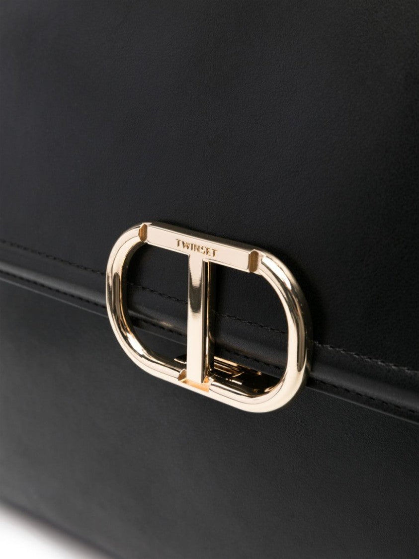 Twin-Set Structured Black Tote Bag With Gold-Tone Clasp