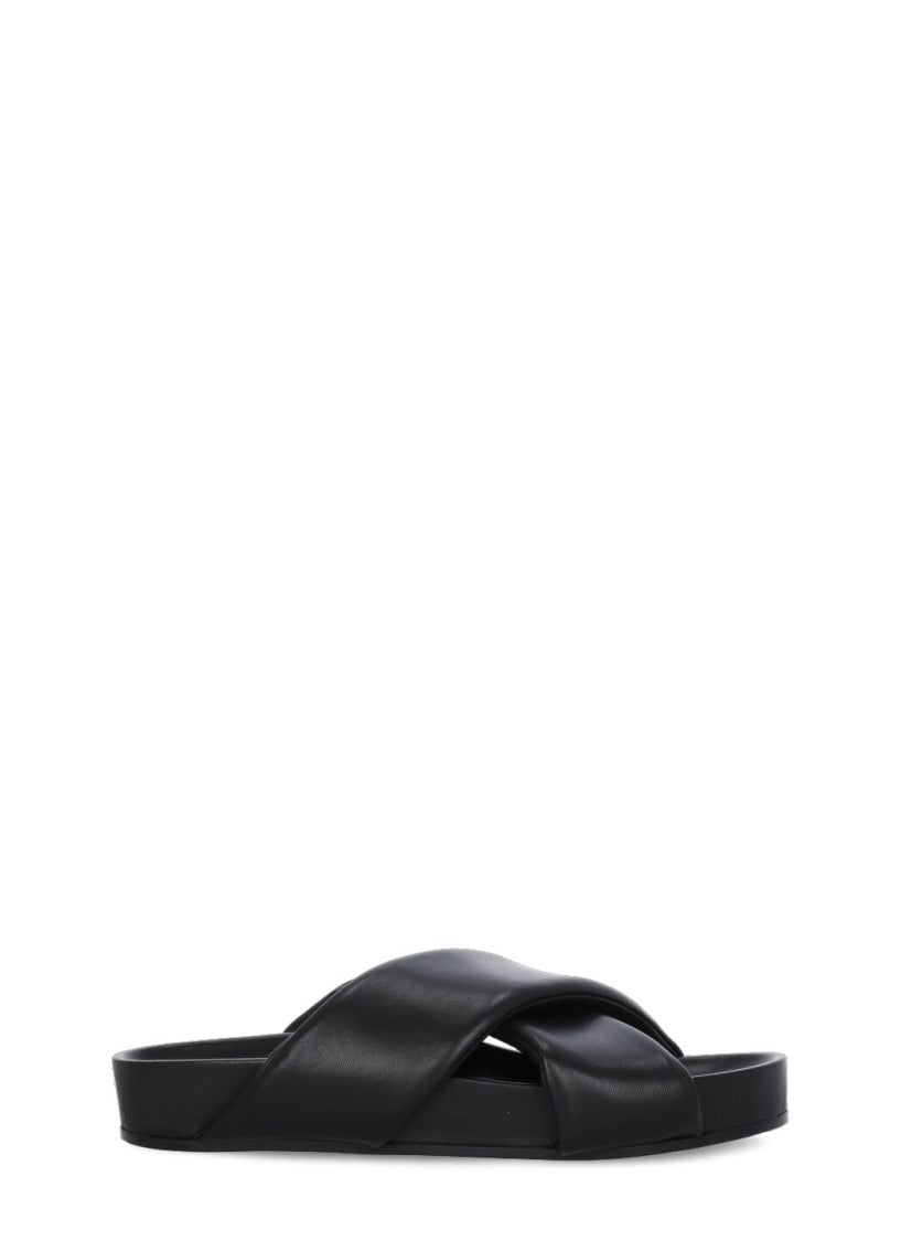 Jil Sander Black Leather Padded Slipper With Cross-Straps