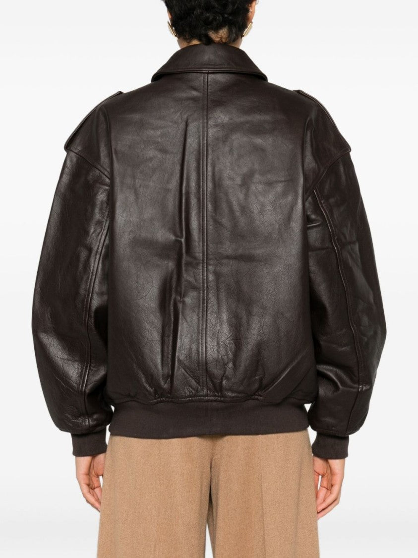 The Frankie Shop Brown Shoulder Epaulettes Leather Leather Jacket