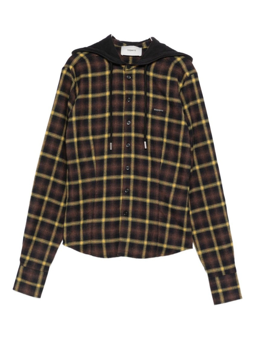 Coperni Plaid Brown Shirt With Hood And Button-Down Detail