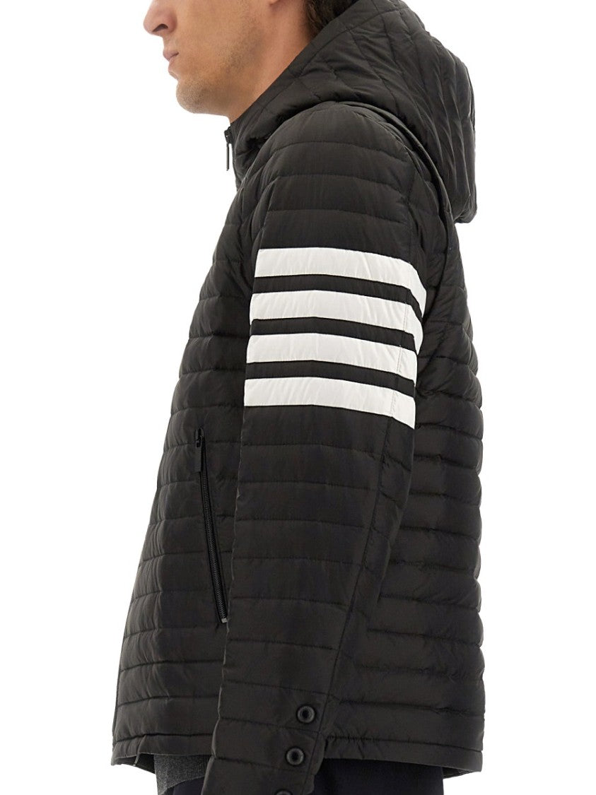 Thom Browne Cropped Down Jacket With Hood And Contrasting Stripes