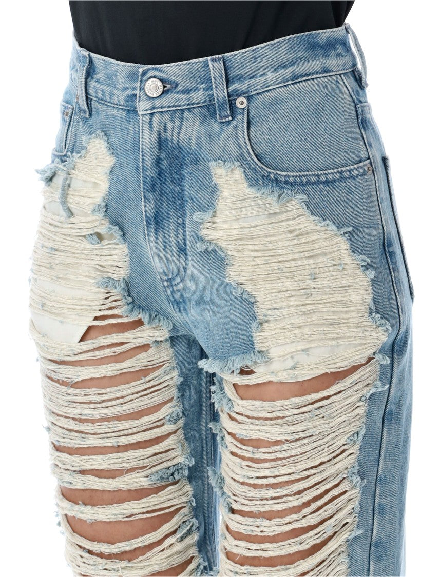 Mm6 By Maison Margiela Distressed Straight Leg Denim Jeans With White Stitching