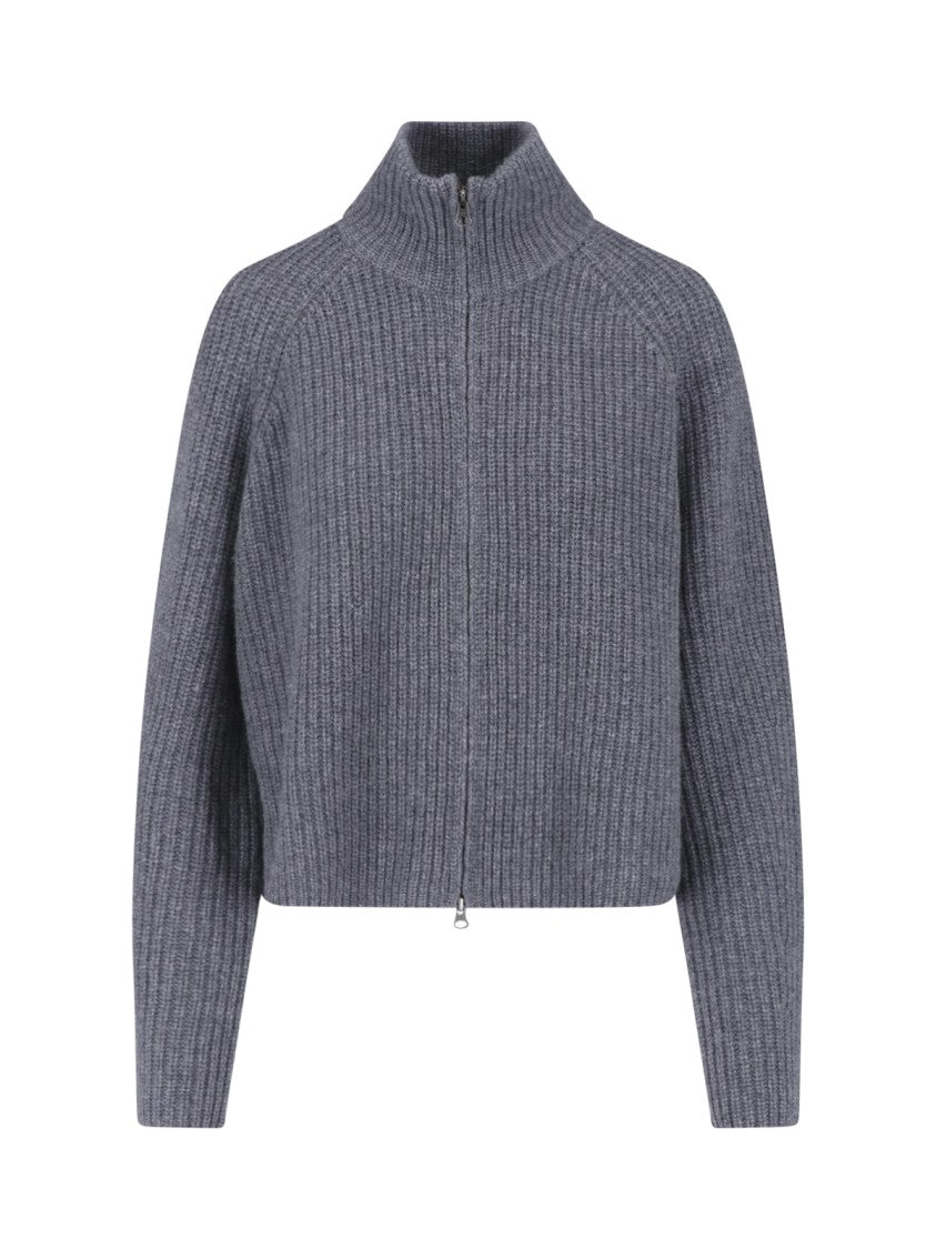 Lisa Yang Grey Cropped High Collar Zip Knit Sweater