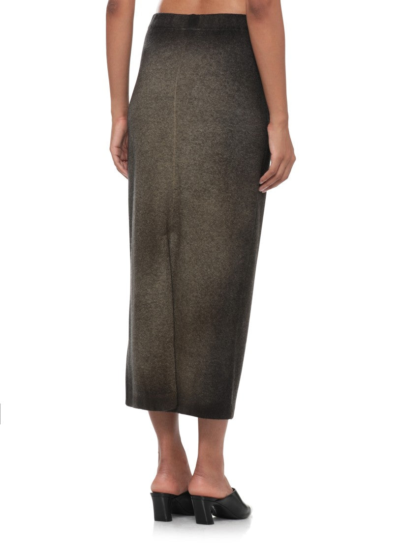 Avant Toi Green Melange Midi Skirt With Back Slit And Elastic Waistband
