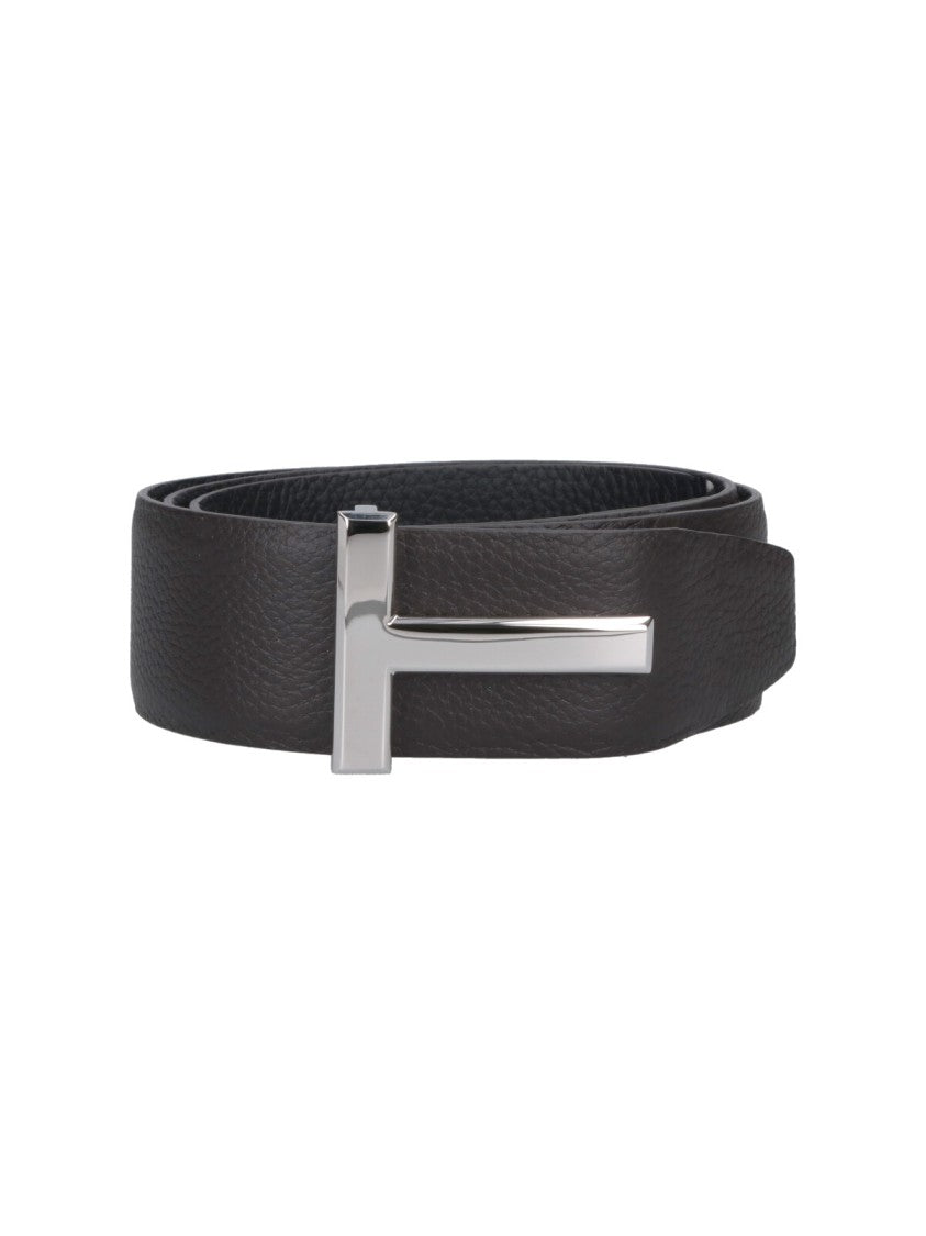 Tom Ford Dark Brown T Icon Hammered Leather Belt