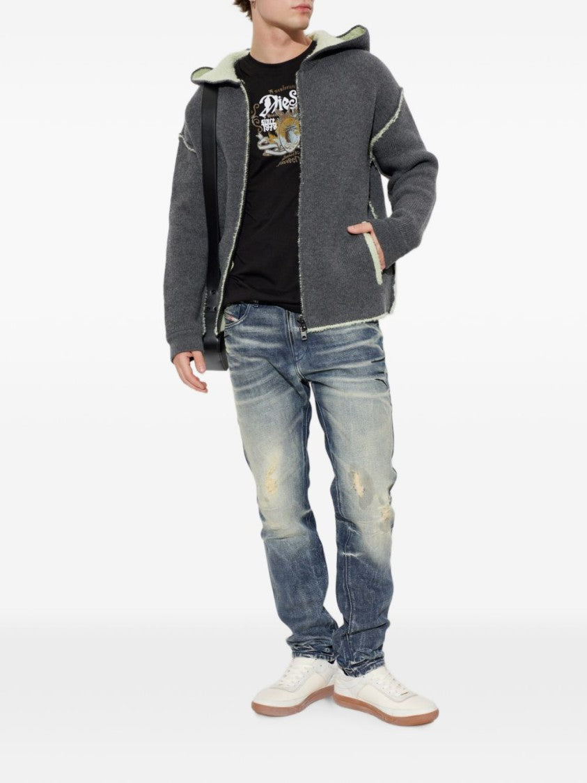 Diesel Textured Knit Jacket With Hood And Contrasting Seams