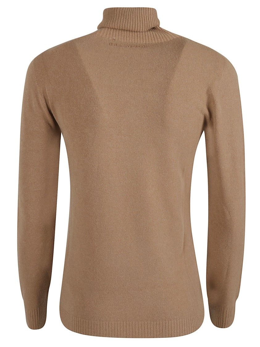 Ermanno Firenze Camel Solid Knit Turtleneck With Ribbed Detailing