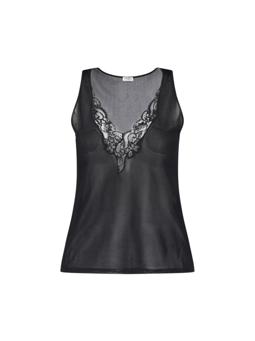Balmain Black Viscose Lace V-Neck Tank Top