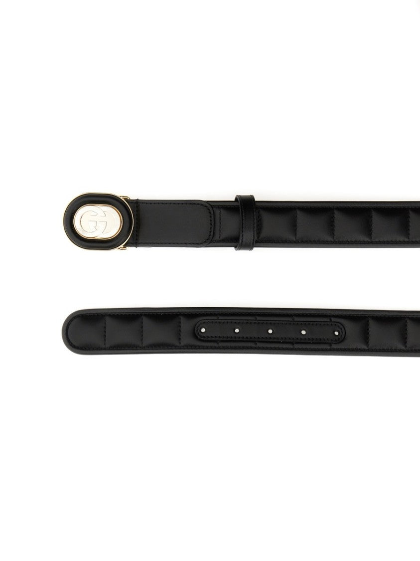 Gucci Black Quilted Leather Belt With Gold Cross Buckle