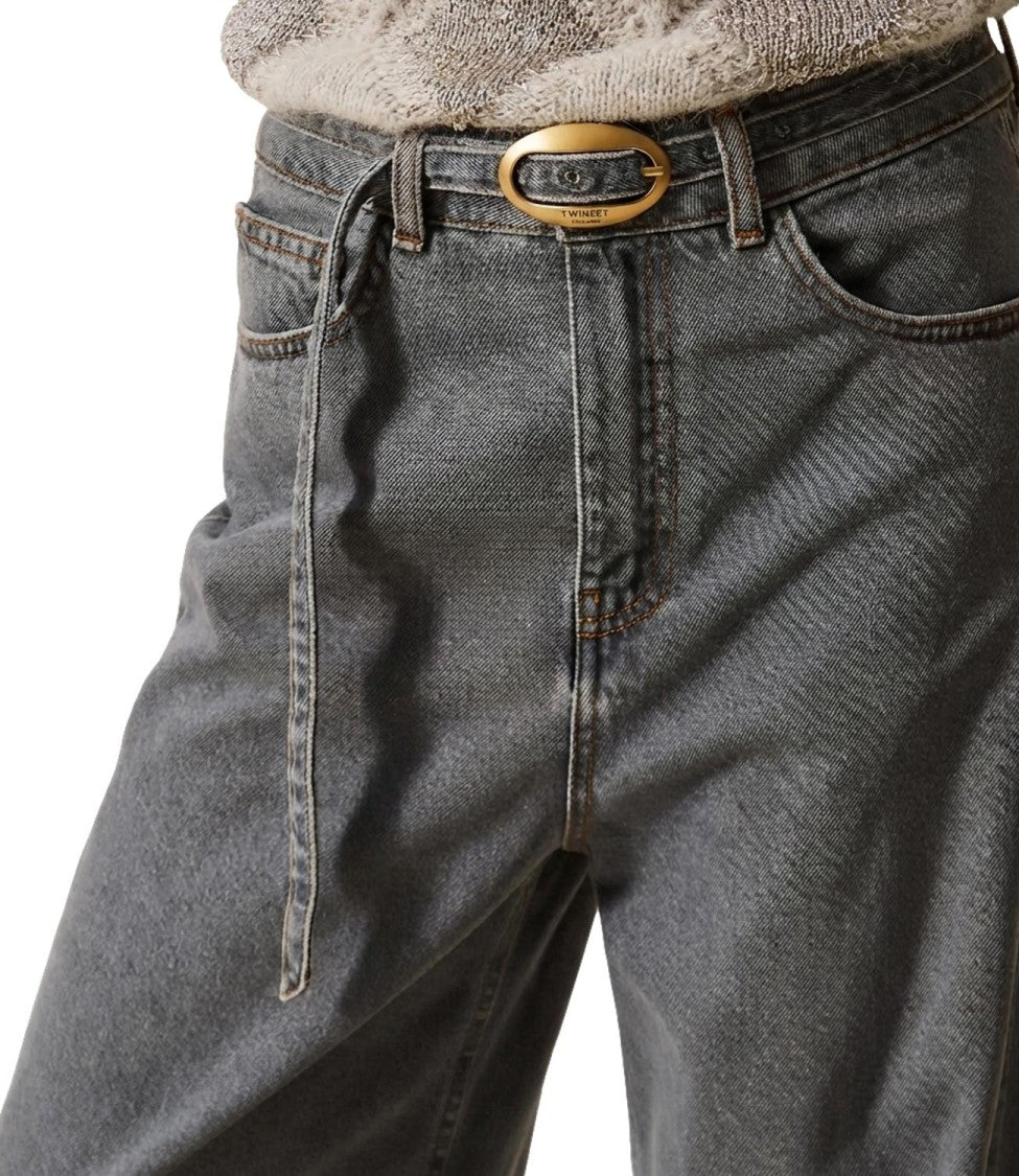 Twin-Set High-Waisted Buckle Wide-Leg Jeans