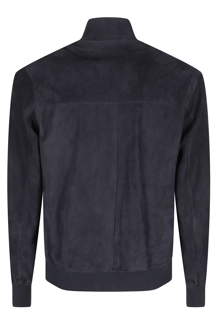 Hcr Navy Blue Ribbed Collar Suede Jacket