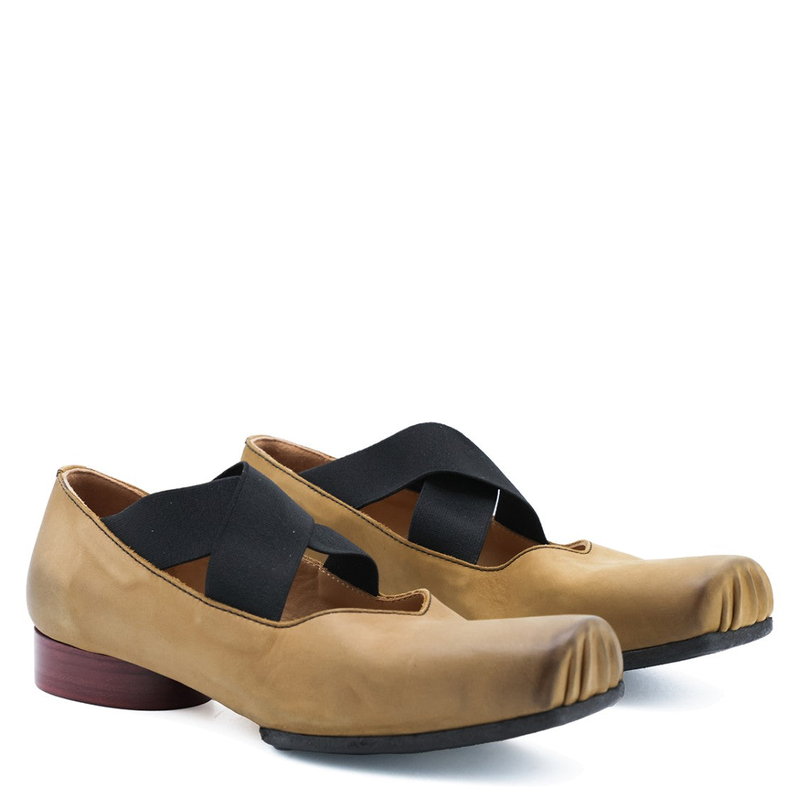 Uma Wang Mustard Red Leather Elastic Strap Low Block Heel Pumps