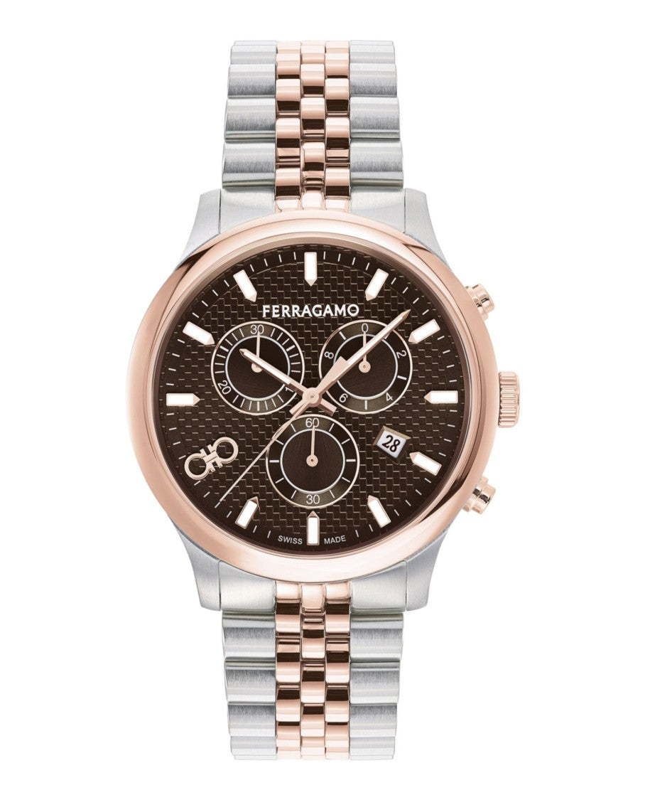 Ferragamo Duo Chrono Bracelet Watch With Brown Guilloche Dial