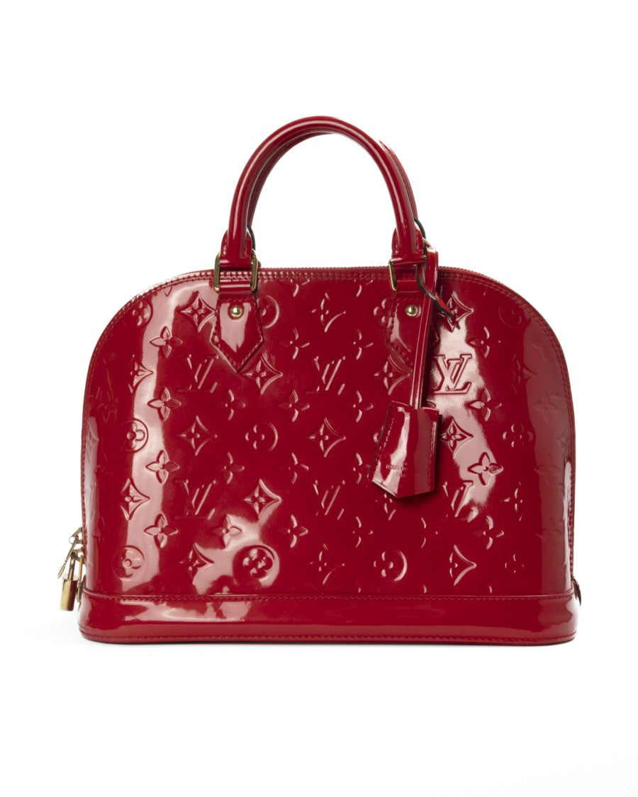 Louis Vuitton Glossy Red Patent Leather Alma Pm Handbag With Monogram Pattern