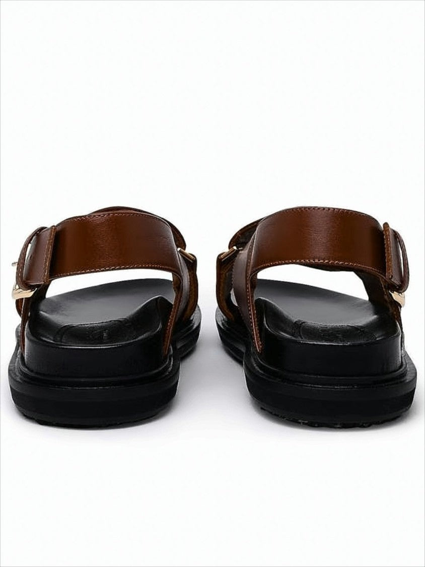 Marni Brown Leather Strap Sandals With Textured Rubber Sole