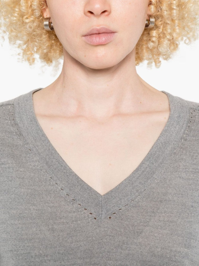 Liu Jo V-Neck Grey Sweater With Perforated Detailing