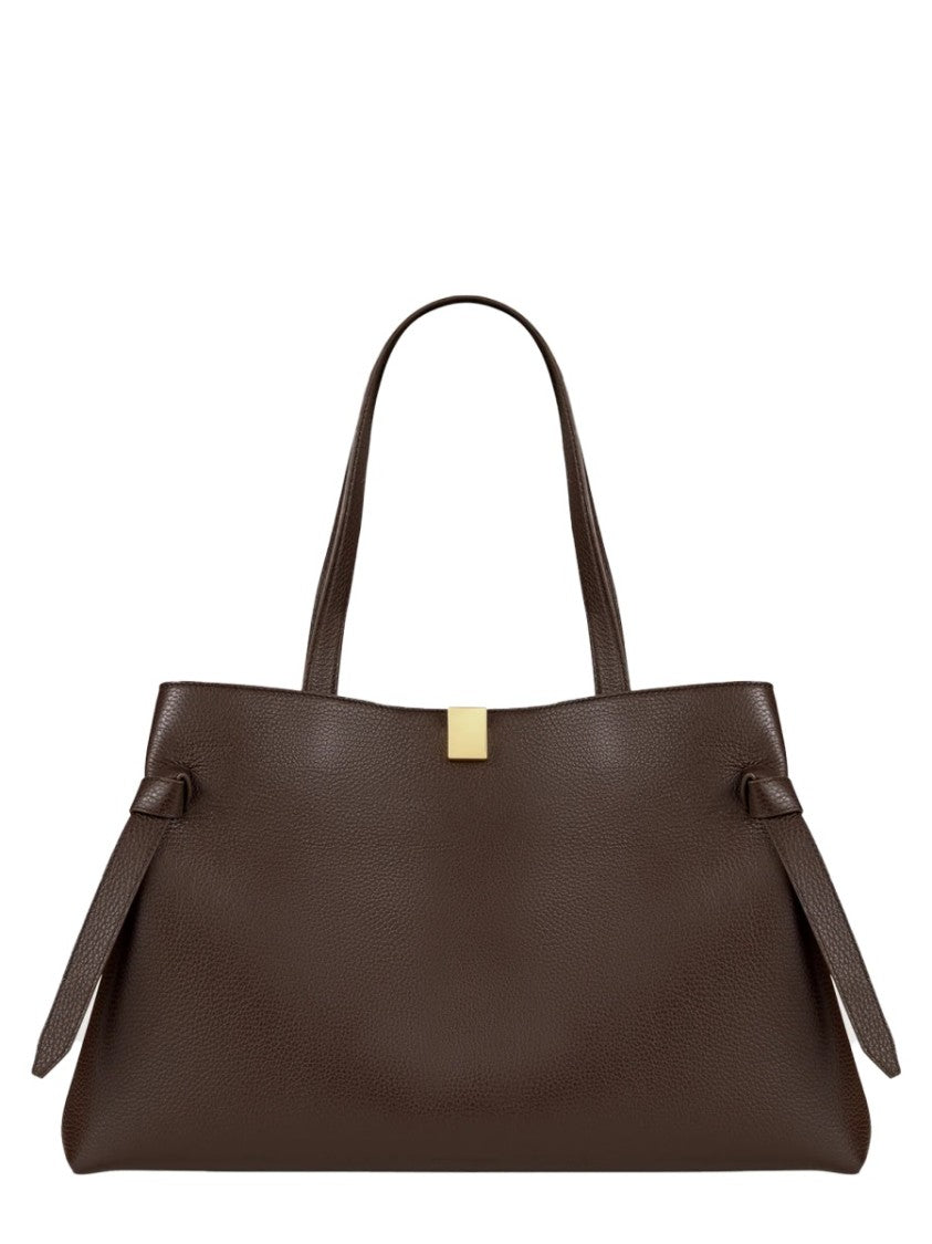 Yuzefi Structured Brown Leather Tote Bag With Gold-Tone Clasp