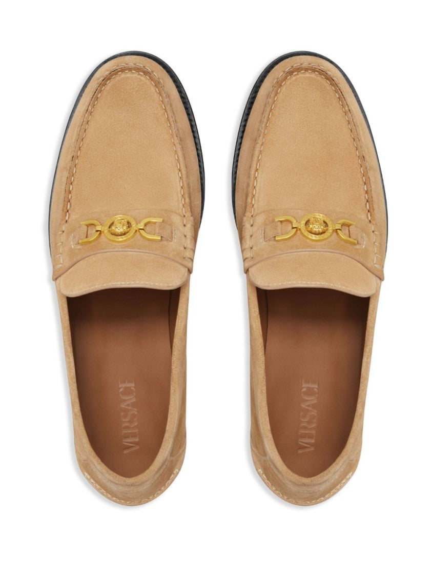 Versace Sand Brown Medusa Plaque Suede Flats