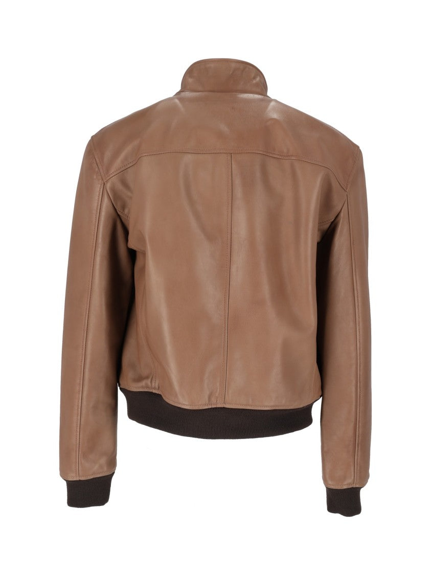 Stewart Brown Leather Jacket With Ribbed Knit Details