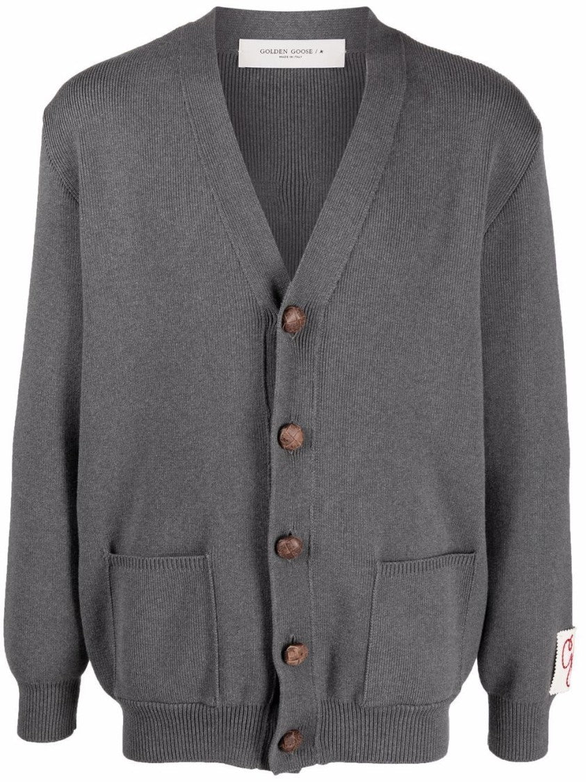 Golden Goose V-Neck Gray Cardigan With Embroidered Patch