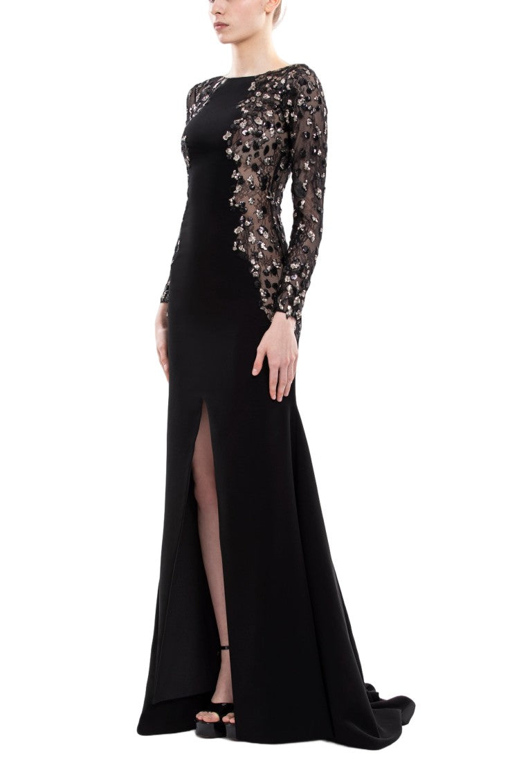 Saiid Kobeisy Embellished Crepe Long Dress With Sheer Sleeves And Sequined Detail