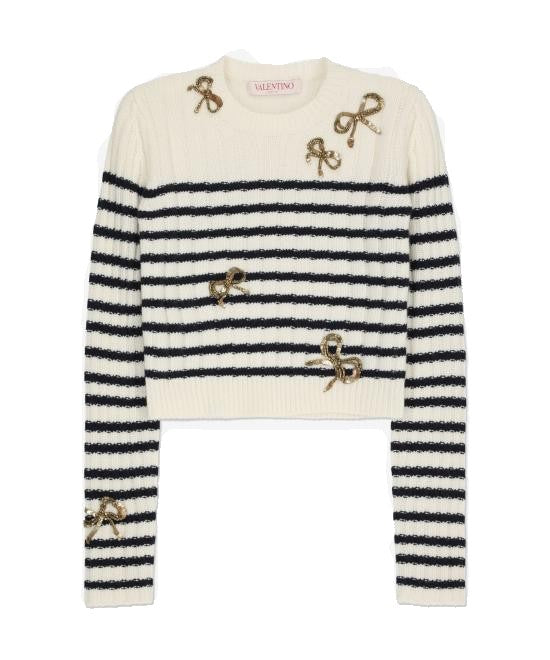 Valentino Cropped Knit Sweater With Horizontal Stripes And Metallic Embellishments