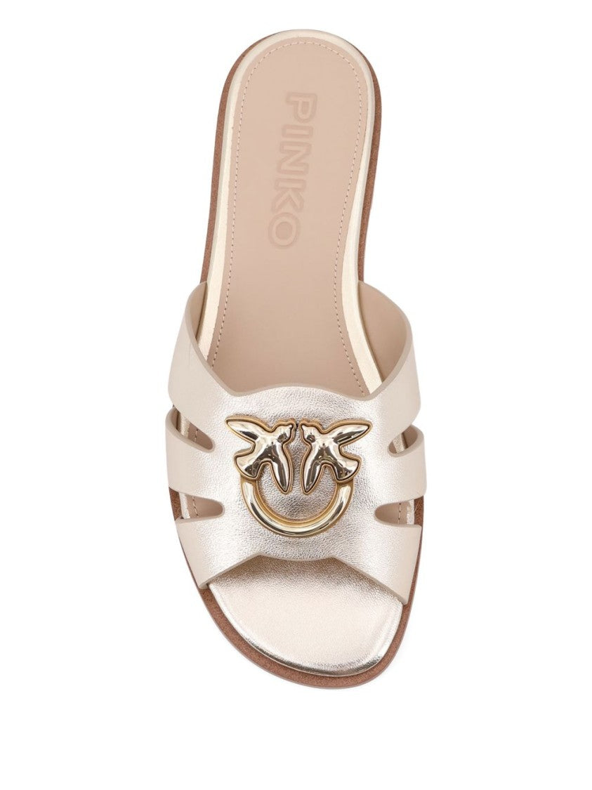 Pinko Gold-Tone Metallic Flat Sandals With Intricate Cutout Design