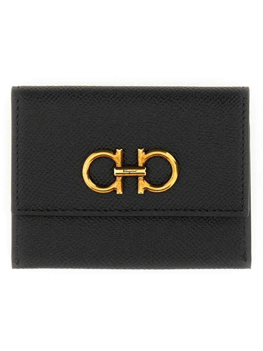 Ferragamo Neutral Textured Exterior Gold Hook Card Wallet