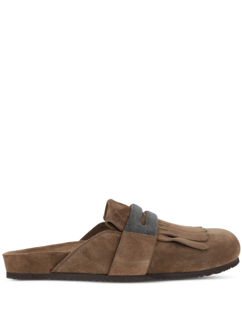 Brunello Cucinelli Slip-On Suede Shoes With Open Back Design And Decorative Strap