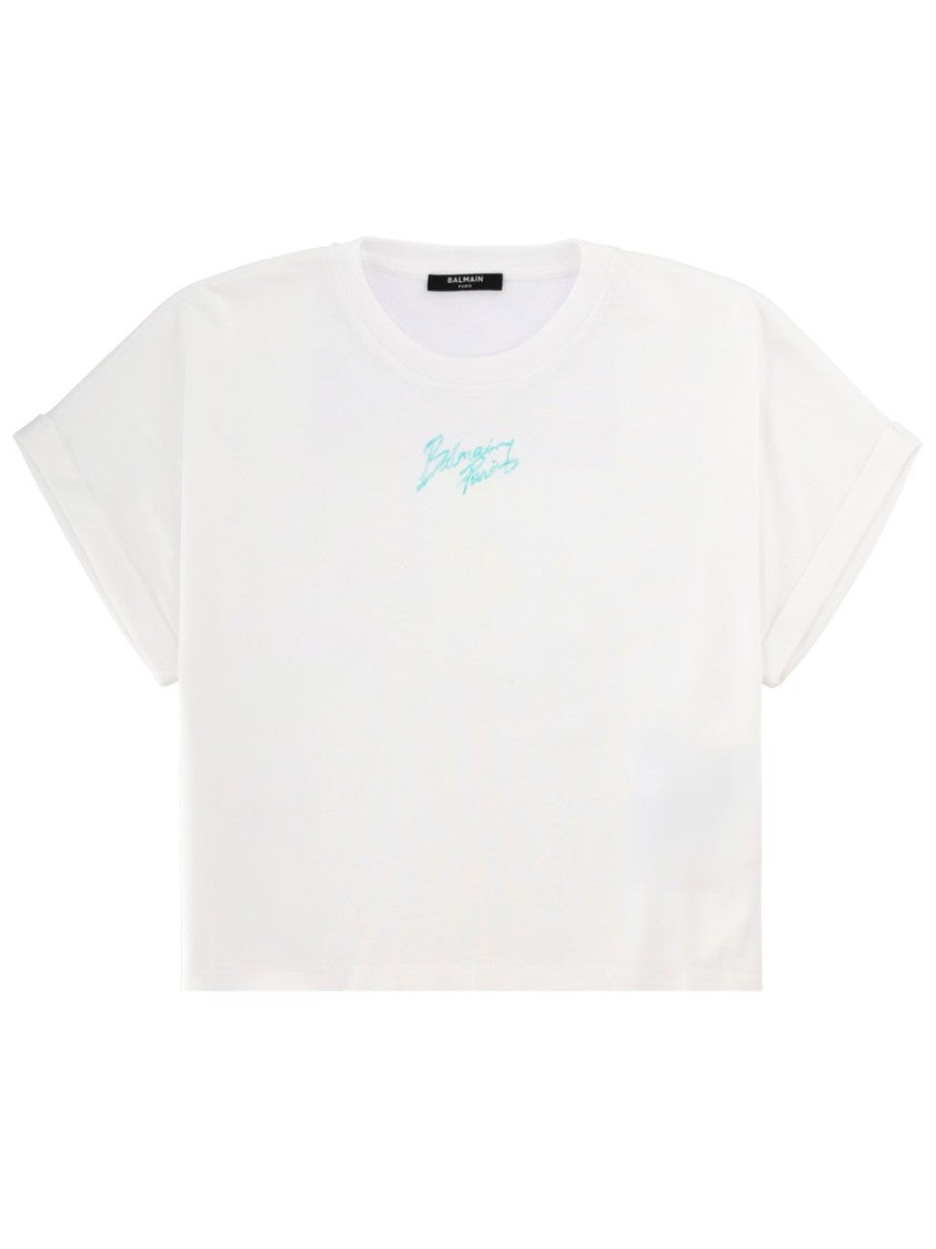 Balmain Neutrals Cropped Light Blue Logo T-Shirt