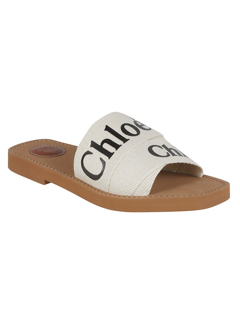 Chloé Linen Strap Slip-On Sandals With Bold Logo Accents