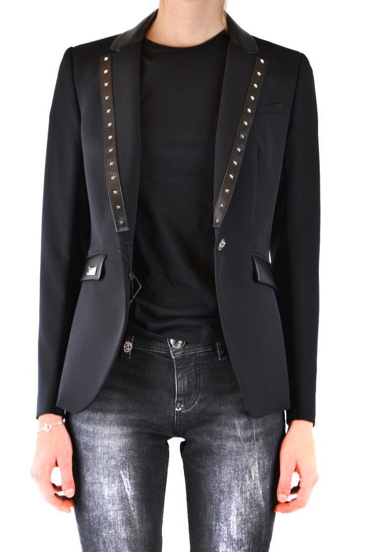 Philipp Plein Tailored Black Blazer With Leather Trim